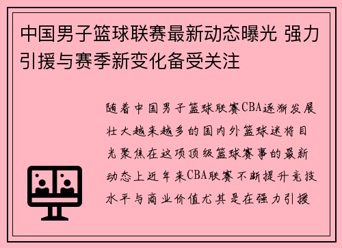 中国男子篮球联赛最新动态曝光 强力引援与赛季新变化备受关注