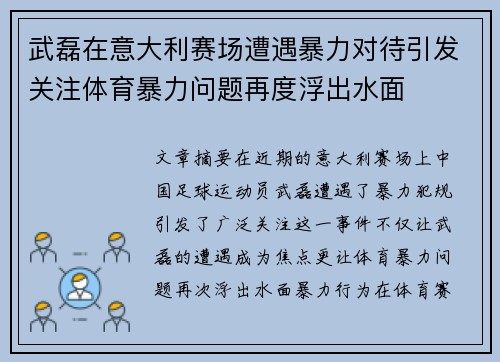 武磊在意大利赛场遭遇暴力对待引发关注体育暴力问题再度浮出水面