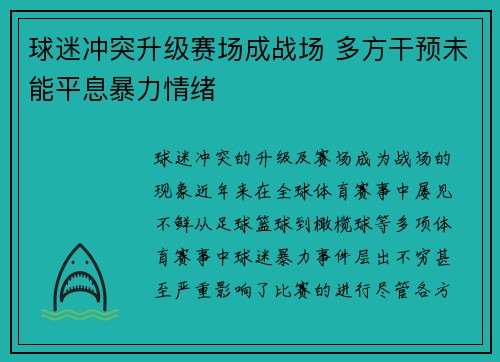 球迷冲突升级赛场成战场 多方干预未能平息暴力情绪